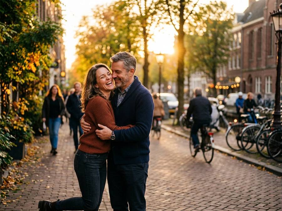 A couple laughing and embracing on a tree-lined street at golden hour