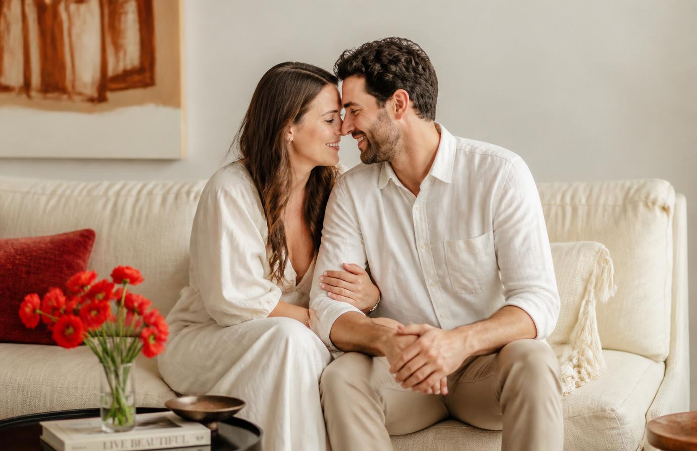 A warm couple sitting close together on a cream sofa, smiling with genuine connection