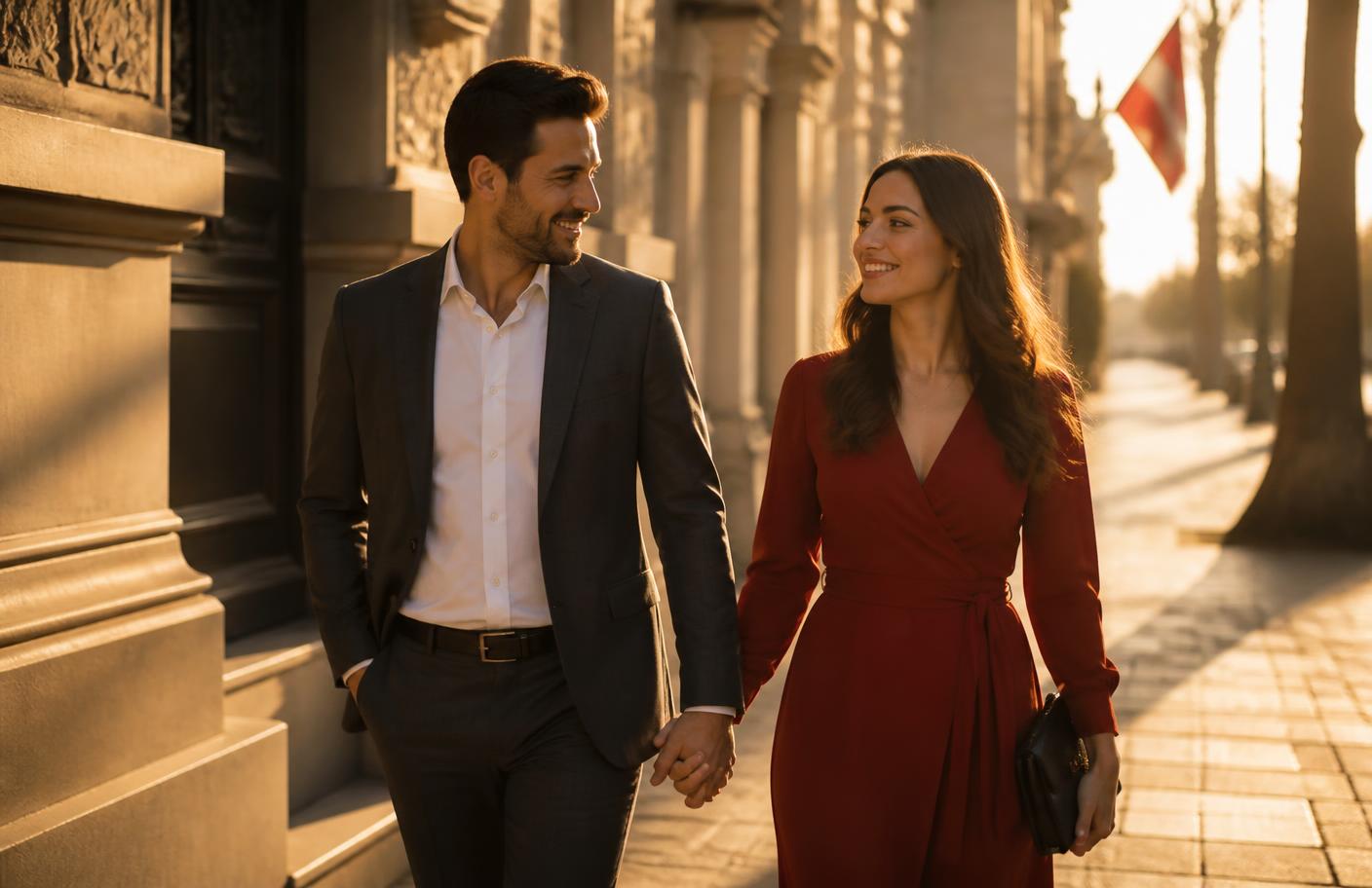 A professional couple holding hands while walking together at golden hour, smiling with ease