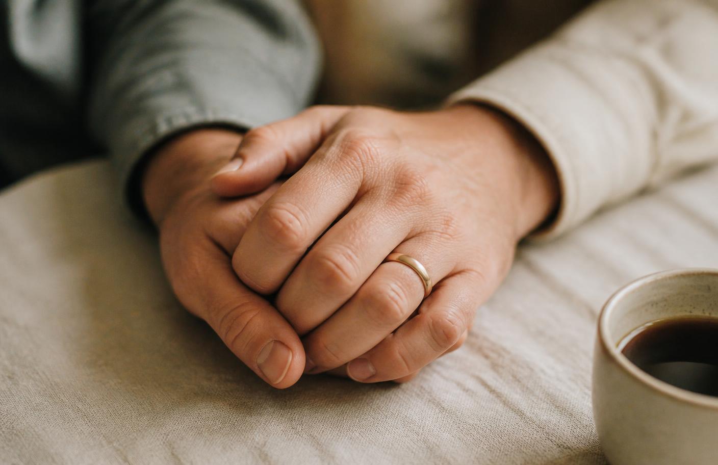 Two hands with fingers interlaced on a linen tablecloth, one wearing a wedding band